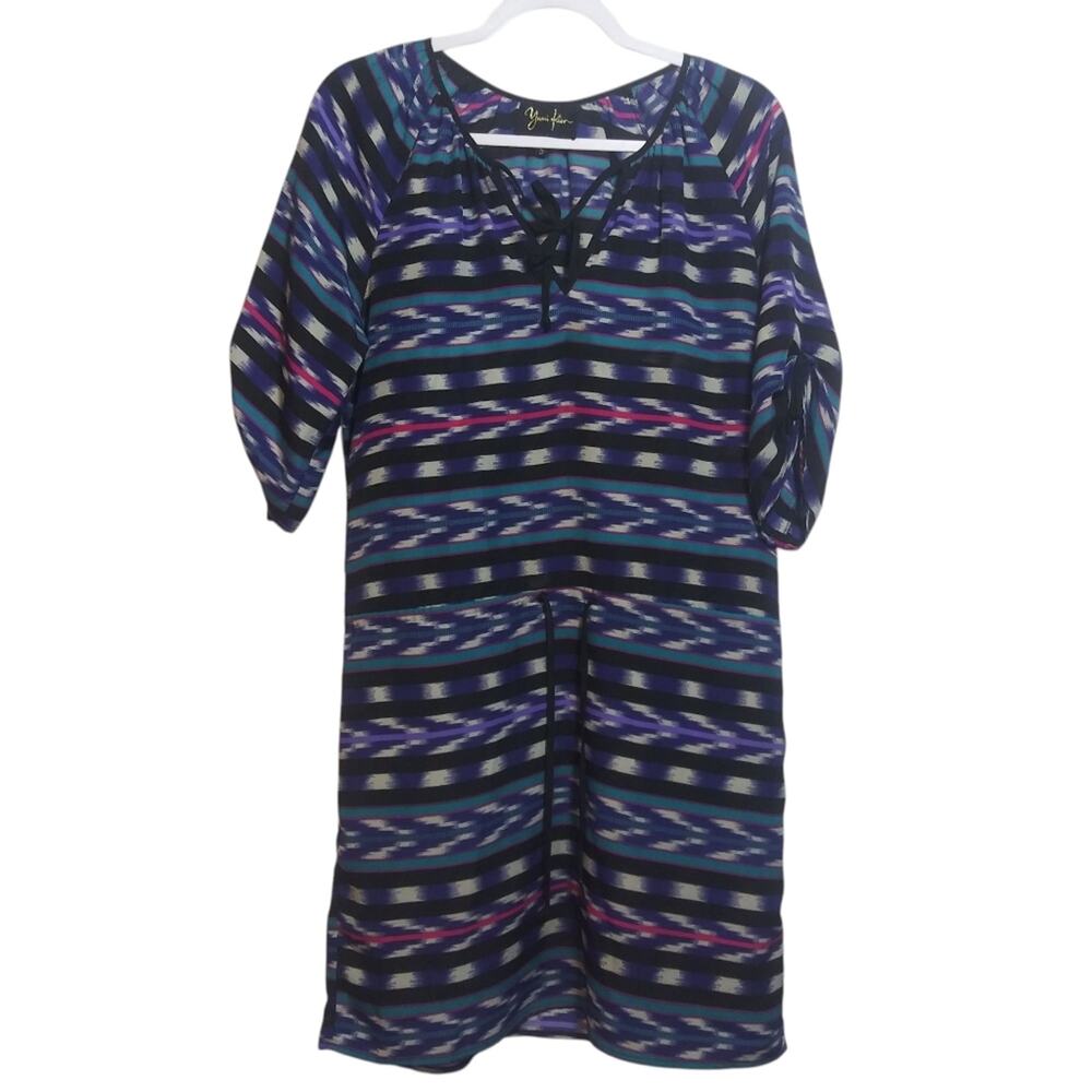 YUMI KIM Blue Western Aztec Print Lightweight Dress 3/4 Sleeve Size Small
